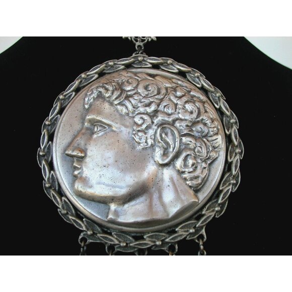 Goldette  Medallion Necklace With Greek Coin Design & Chain Tassels - Picture 3 of 7